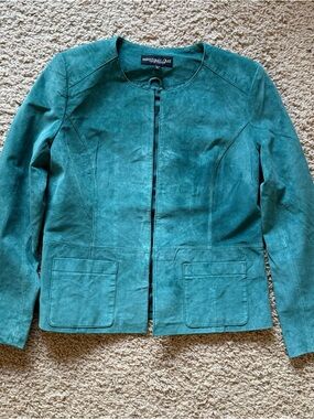 Monterey Bay Clothing Co Genuine Leather Jacket Teal Pockets Hook & Eye Sz 10